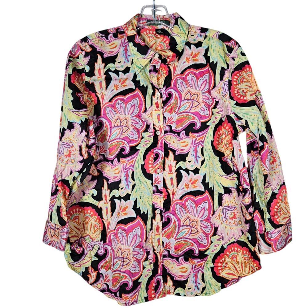 Lauren Ralph Lauren Blouse Multicolor Paisley Floral Shirt Cotton Button Size L
